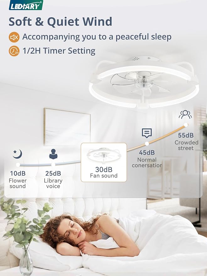 LEDIARY Ceiling Fans with Lights and Remote, 20'' Low Profile Ceiling Fan with Light, 3000-6000K Dimmable Fandelier LED Fan Light, 6 Wind Speeds, White Modern Flush Mount Ceiling Fan for Bedroom
