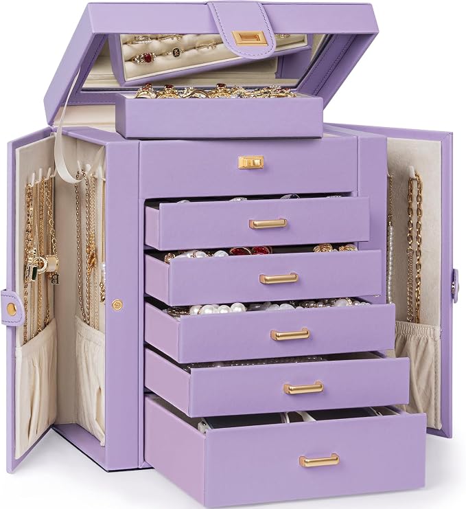 AKOZLIN 6-Tier Jewelry Box Organizer Functional 5 Drawers Leather Jewelry Storage Case for Women Girls Ring Necklace Earring Bracelet Holder Organizer with Mirror Medium Violet