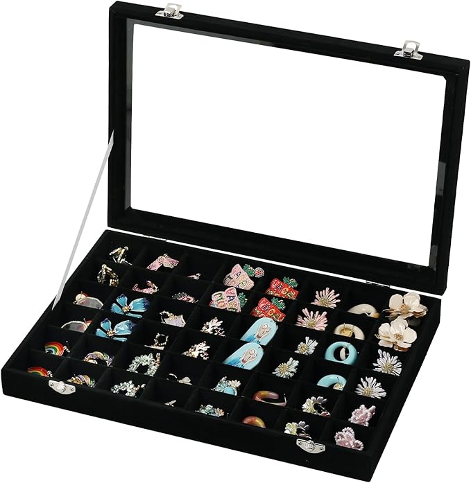 Frebeauty 48 Grid Earring Organizer,Velvet Jewelry Tray with Clear Lid | Drawer Jewelry Organizer for Rings Studs Beads,Adjustable Dividers,Dustproof,Earring Storage,Trinket Box,13.8×9.5Inches