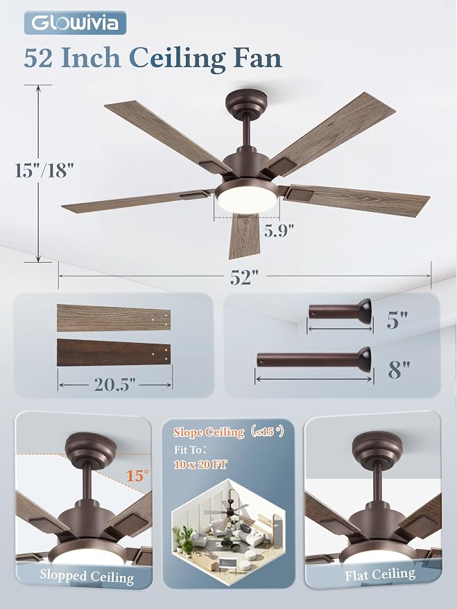 52 Inch Ceiling Fans with Lights and Remote&APP Control, Bronze Smart Ceiling Fan with 3000-6000K Dimmable, 6 Speeds Quiet Reversible Motor, Indoor/Outdoor Ceiling Fan for Bedroom Living Room