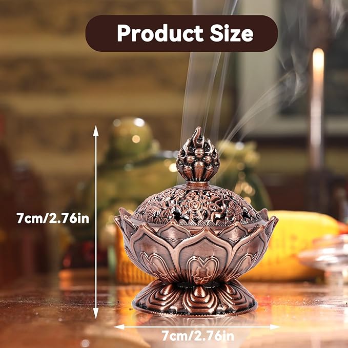Vintage Backflow Incense Burner Bowl, Lotus Incense Holder Charcoal Ash Catcher Stick Cone Reel Incense for Powder Cone or Coil Incense (Red Bronze)