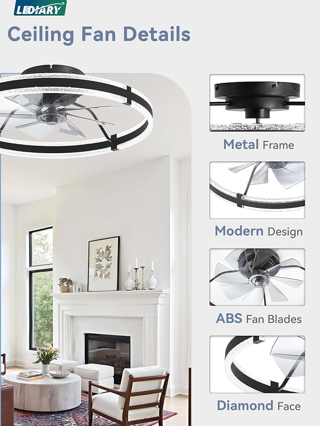 LEDIARY 24" Ceiling Fans with Lights and Remote, Black Low Profile Ceiling Fan with Light, 3000-6000K Dimmable Fandelier Ceiling Fans, Modern Flush Mount Fan Light for Bedroom-2 Pack