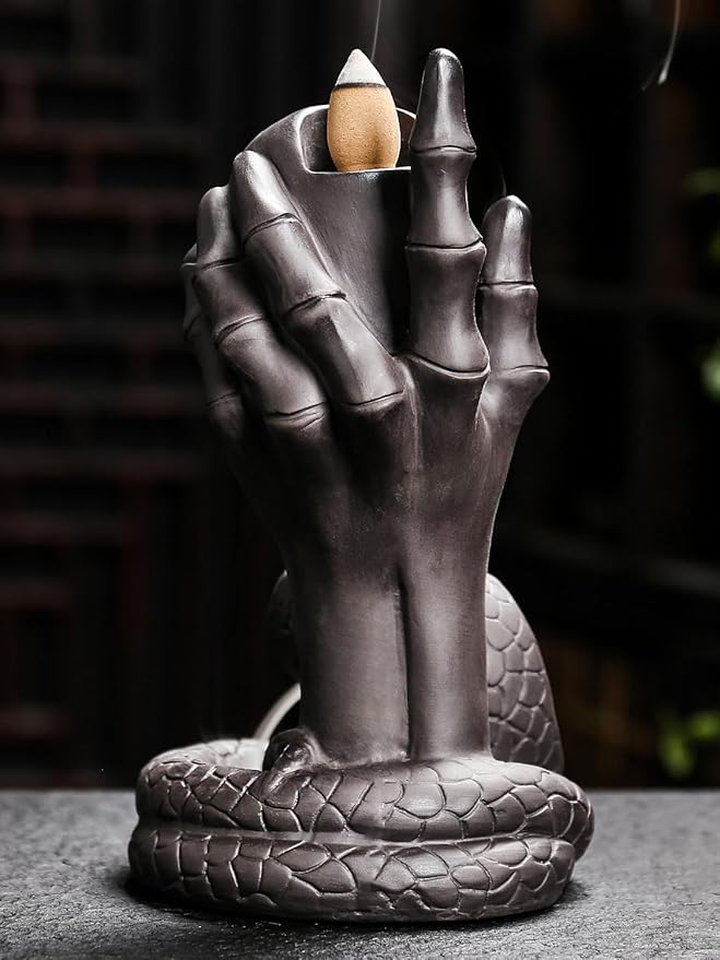 Skull Snake Incense Burner Holder - Backflow Waterfall Cone Incense Holder, Ceramic Unique Skeleton Incense Burner with Cones & Sticks for Halloween/Aromatherapy/Yoga/Home/Room/Office Deco