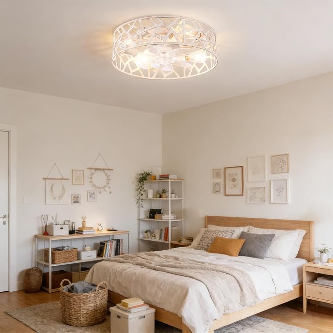 Flush Mount Fandelier Ceiling Fan with Lights and Remote, 18 inch Caged Ceiling Fan with Light Vintage White, Farmhouse Ceiling Fans for Bedroom, Kitchen, Living Room