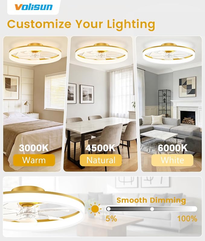 VOLISUN Low Profile Ceiling Fans with Lights and Remote, 24in Fandelier Ceiling Fan Flush Mount, 3000K-6500K Smart Bladeless LED Fan Light, Gold Modern Ceiling Fans with Lights for Bedroom