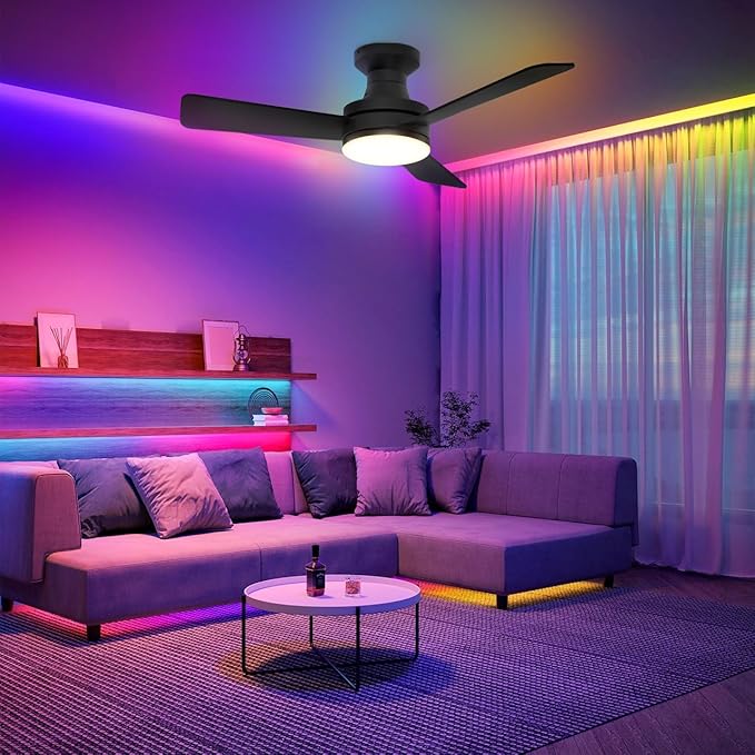 NURMINA 42 Inch Ceiling Fan with Lights, RGB Flush Mount Low Profile Ceiling Fan with Lights, 6CCT Dimmable Reversible Quiet DC Motor Remote Control for Bedroom Kids Room Living Room, Black