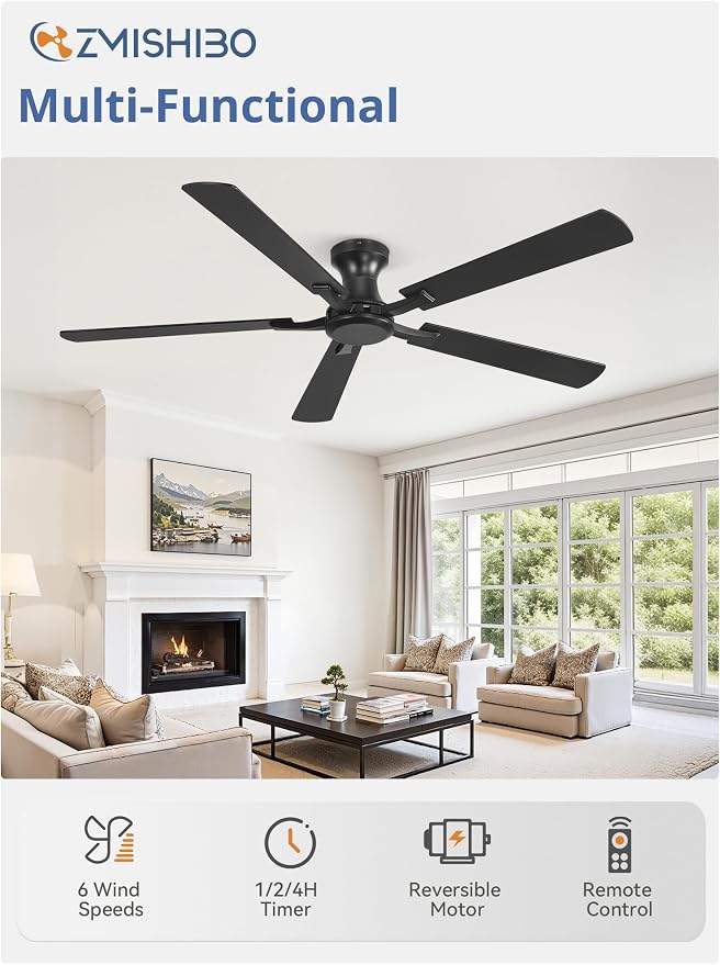 ZMISHIBO 60 Inch Ceiling Fan No Light, Flush Mount Low Profile, Modern Black Ceiling Fan Without Light, Remote Control & Quiet DC Motor, for Indoor&Outdoor, Bedroom, Living Room