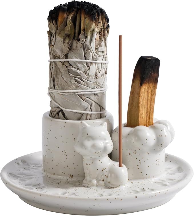 Palo Santo Holder, 4 in 1 Incense Holder for Incense Sticks, Burning Sage, Palo Santo (Ceramic,White)