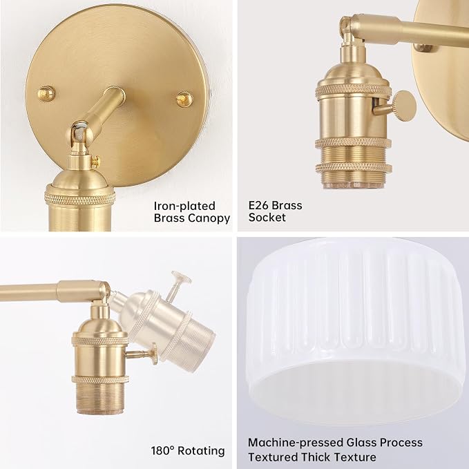 Shenmoyl Vintage Battery Operated Wall Sconce with White Striped Glass Lampshade 5000 mAh Rechargeable Battery Powered Wall Light with Remote Control for Bedside Bedroom Doorway, Set of 2
