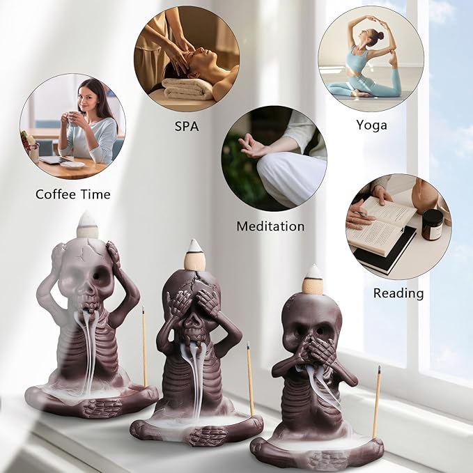 Comeon Backflow Incense Burner Skull Decor Incense Stick Holder Reverse Flow Censer Incense Waterfall Burner + Backflow Incense Cones, Incense Sticks, Tweezer, Mat (Set of 3)