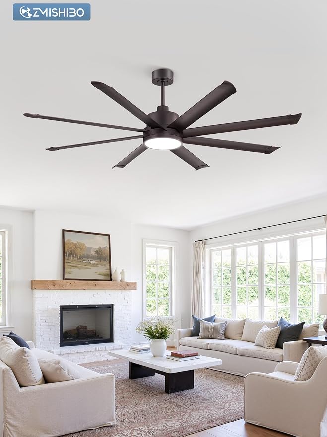 ZMISHIBO 72 Inch Ceiling Fans with Lights, Indoor/Outdoor Industrial Ceiling Fan with 8 Aluminum Reversible Blade, Quiet DC Motor, 3CCT&6-Speed Remote Control, Damp Rated for Living Room/Garage/Gazebo