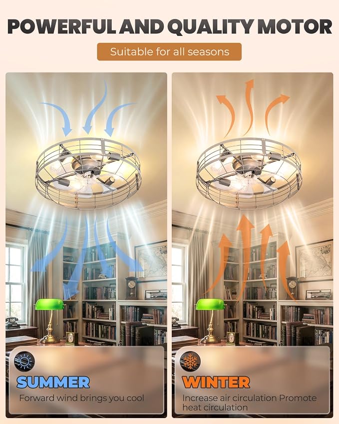 Caged Ceiling Fan with Lights, 23 Inch Farmhouse Remote Control Flush Mount Fan Lights Ceiling Fixtures, E26 Base 6 Speeds Bladeless Ceiling Fans with Lights for Indoor Kitchen Bedroom, Silver