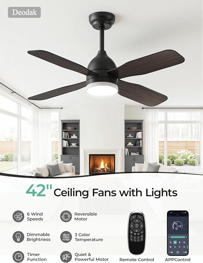 42 Inch Ceiling Fan with Light, APP & Remote Control, 4 Double-Sided Blades, 3 Color Temperatures, 6 Speed Levels, Reversible Brown & Black Blades for Bedroom, Living Room & Home Office