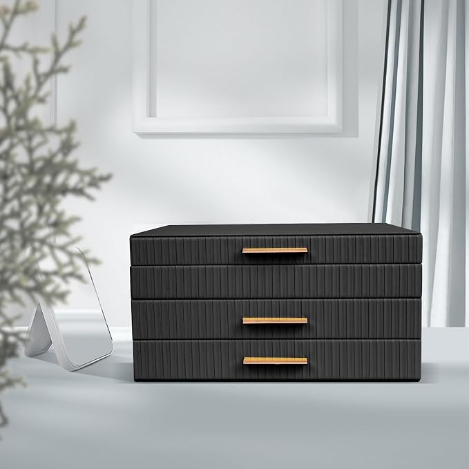 Dajasan Jewelry Box Organizer, 3-Tier Jewelry Storage with 2 Drawers, Large Jewelry Boxes for Women, PU Leather Surface with Texture, Gift Idea, Modern Style, 10.71 x 7 x 5.6 Inches (Black)