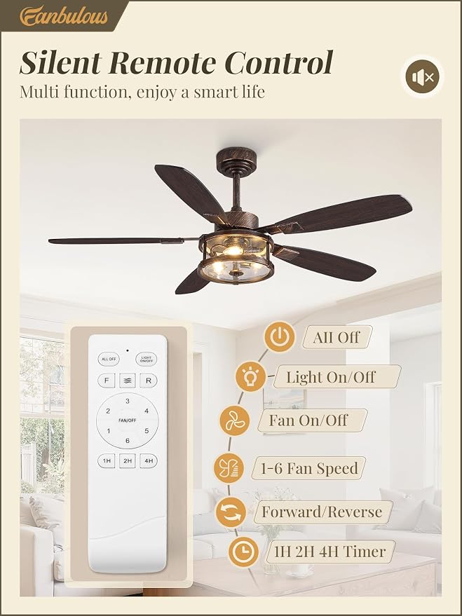 Fanbulous 52 inch Caged Ceiling Fans with Lights and Remote, Easy Install | Farmhouse Ceiling Fan with Energy Saving DC Motor, Timer Function, Vintage Ceiling Fans Noise under 35 dB for Bedroom