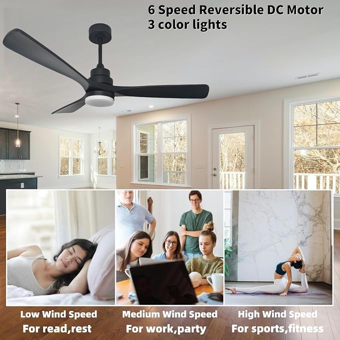 52-inch solid wood ceiling fan with light, black ceiling fan with light and remote control, 2 downrods, reversible DC motor, 3 blades, suitable for indoor, outdoor, rooms and living rooms