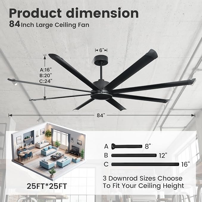 84 Inch HVLS Industrial Ceiling Fan, Large Ceiling Fan with Remote Control, 13500 CFM High Airflow Commercial Fan for Garage Gym Shop Warehouse, Quiet DC Motor, 6 Speeds, 8 Aluminum Blades