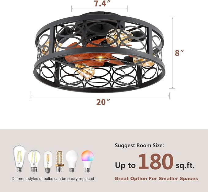 20" Caged Ceiling Fan with Light and Remote，Bladeless Ceiling Fan 6 Speed Reversible with 4 Bulbs and Remote Control.Low Profile Ceiling Fans with Lights for Bedroom, Dining Room