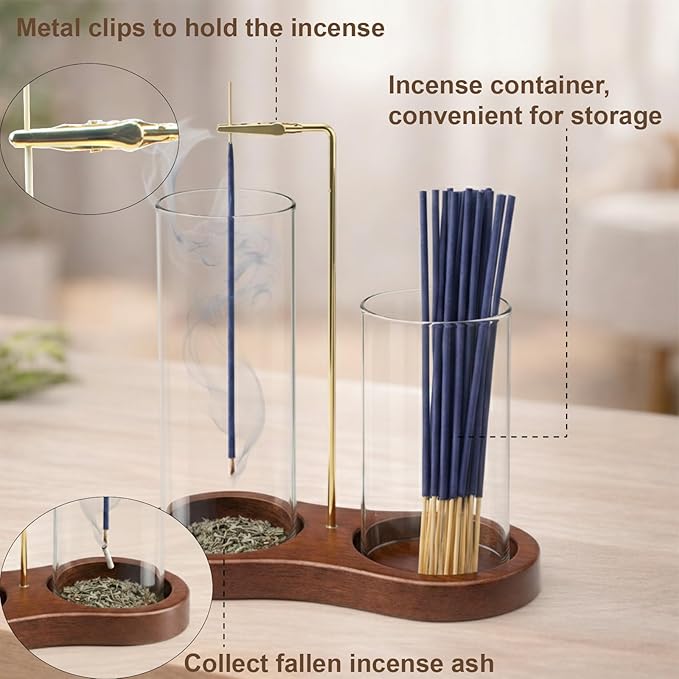 2-in-1 Incense Holder with Glass Ash Catcher & Stick Storage, Wooden Incense Burner for Relaxation, Stress Relief, Mess-Free Home Use, Self-Care, Meditation, Yoga, Bedroom & Living Room (Retro)