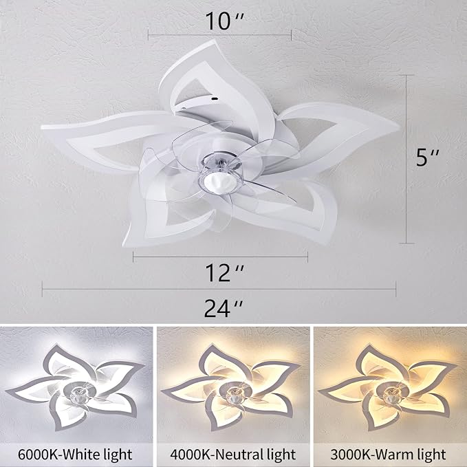 Dalouguan Flush Mount Ceiling Fan with Lights, 24" White Ceiling Fan with Light Remote Control, 6 Speeds 3 Light Color Low Profile Flush Mount Ceiling Fan for Kitchen Bedroom