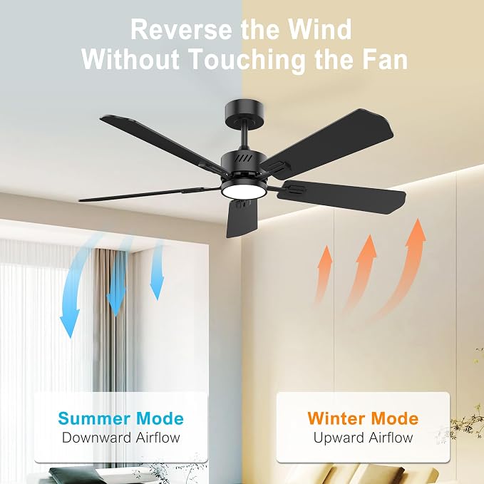 DAMINY 52 inch Ceiling Fan with Light,6CCT,5 Blade,Low Profile Ceiling Fan with Light and Remote Control,Downrods,Black,Living Room,Indoor/Outdoor Use