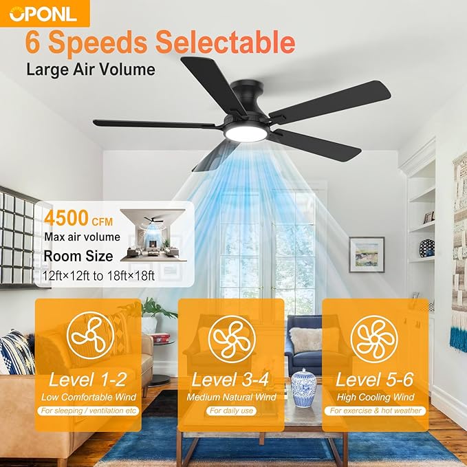 OPONL Ceiling Fan with Light, 52 inch Low Profile Ceiling fan with Light and Remote Control, Reversible, 6CCT, Dimmable, Noiseless, Black Ceiling Fan for Bedroom, Indoor/Outdoor Use, Modern