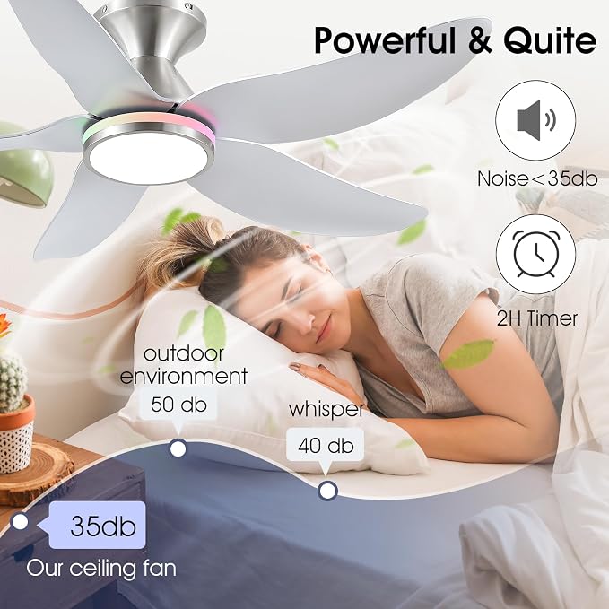 46" Ceiling Fans with Lights Remote/APP Control, Low Profile Ceiling Fans with Dimmable White Colors+Ring RGB Lights, 6 Speeds 5 Reversible Curved Blades for Kids Room Bedroom Living Room Bar, Nickel