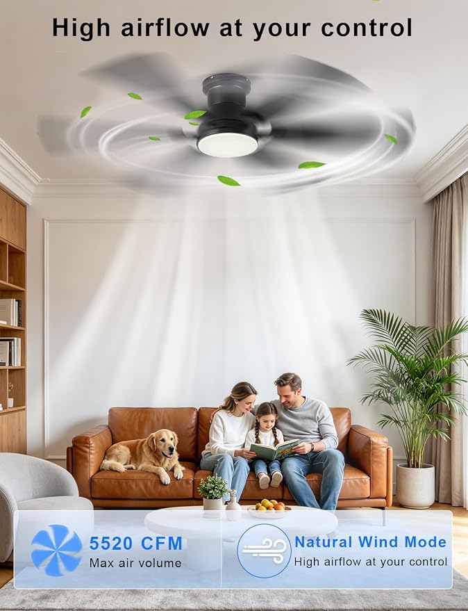 52 inch Low Profile Ceiling Fan with Light and Remote/APP Control, LED Dimmable, 3CCT, DC Reversible Motor, Modern, 6 Speeds, Black Flush Mount Ceiling Fans for Bedroom Living Room/Outdoor Use