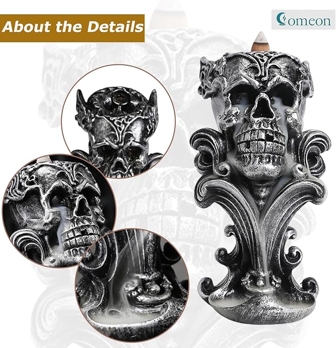 Comeon Backflow Incense Holder Burner Resin Skull Incense Burner Waterfall Incense Burner Home Decor + 20 Backflow Incense Cones + 30 Incense Sticks +1 Tweezer +1 Mat（Metallic Silver）