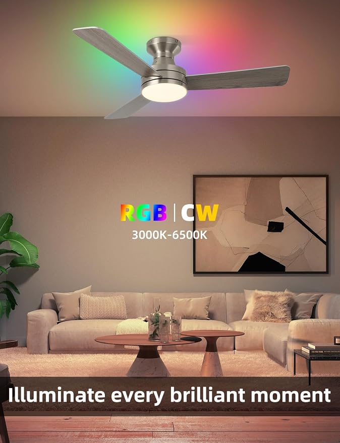42 inch RGB Ceiling Fan with Light, Smart App & Remote Control Low Profile Flush Mount, Music Sync Lighting, 6-Speed Quiet Reversible DC Motor, 4CCT Dimmable for Home Office Party