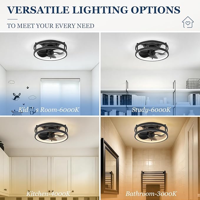 13 Inch Small Ceiling Fan with Light and Remote, Low Profile Flush Mount Fandelier, Dimmable 3CCT Quiet LED Ceiling Fans for Bedroom,Black