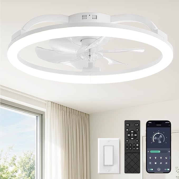 LEDIARY 23 Inch Ceiling Fans with Lights and Remote, Dimmable Fan Light | 6 Speed, Reversible, APP & Remote Control, Low Profile Flush Mount Ceiling Fan for Bedroom, White