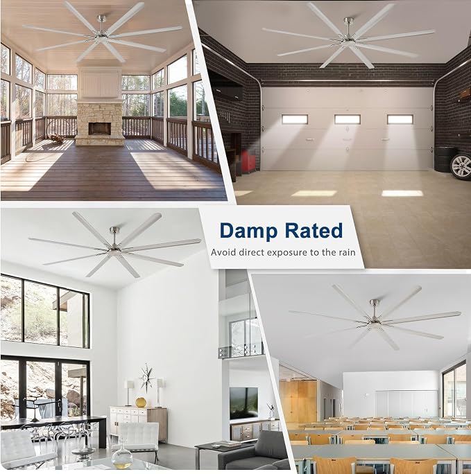 Large Ceiling Fan without Light: 100 Inch Outdoor Fan No Light Aluminum Blade - Industrial Big Ceiling Fan with Remote for Shop Garage Patio Gym 6 Speeds Timer Brushed Nickel Silver