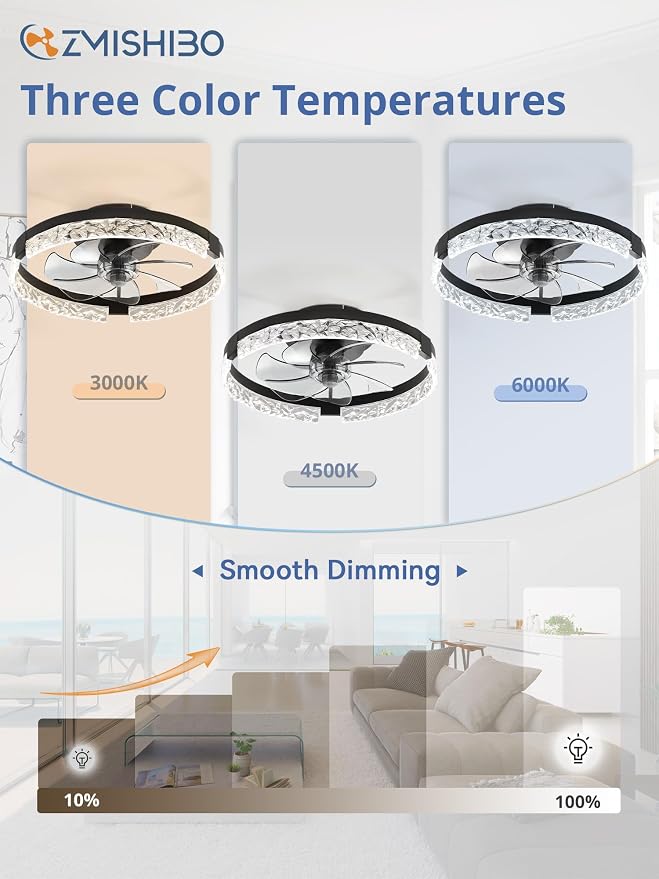 ZMISHIBO Ceiling Fans with Lights and Remote, 18 Inch Flush Mount Fan Light, 6 Speeds, 3CCT, Dimmable, Low Profile Ceiling Fan, Modern Ceiling Fan with Light for Bedroom and Living Room, Black