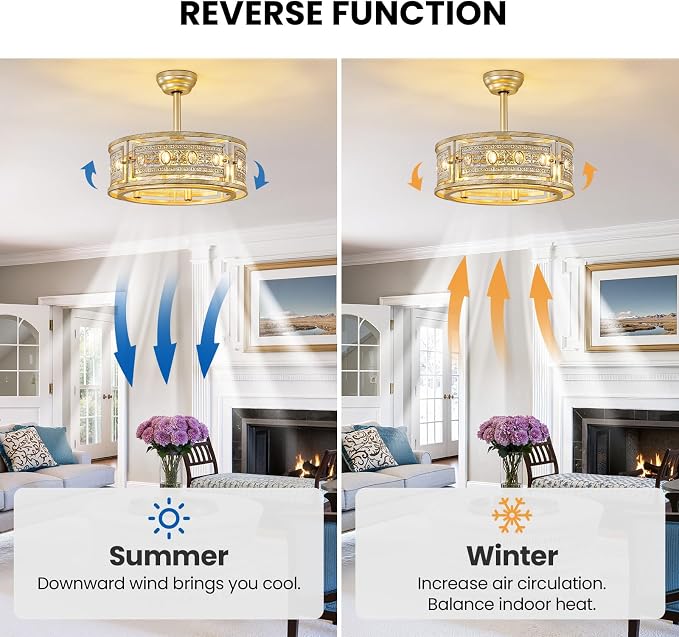 Caged Ceiling Fan with Light and Remote, 19" Vintage Crystal Fandelier, Gold Bladeless Ceiling Fan, Low Profile Ceiling Fan for Bedroom, Farmhouse Chandelier Fan for Living Room
