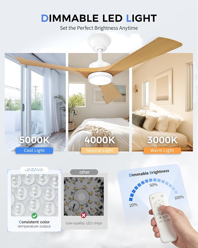52" Ceiling Fan with Light & Remote, White, ZCCF08WY-52 | White finish, remote, 6 speeds, 3CCT dimmable LED and quiet reversible DC motor for living rooms and covered patios