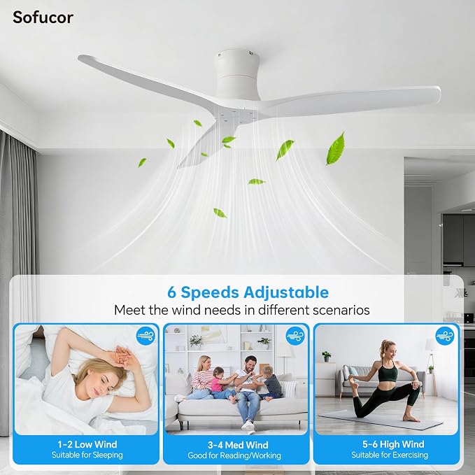 Sofucor 52" Solid Wood Ceiling Fan No Light, Low Profile Flush Mount Ceiling Fan with Remote, Outdoor Modern Ceiling Fan 6-Speed Timing Reversible DC Motor Noiseless for Living Room Bedroom Patio