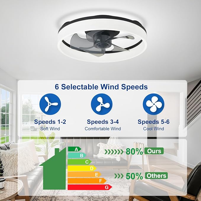 DLLT Ceiling Fans with Lights and Remote: 16 Inch Modern Low Profile Ceiling Fan with APP Control for Kids Room - Black Dimmable LED Bladeless Fandelier with 6 Wind Speeds Quiet DC Motor for Bedroom
