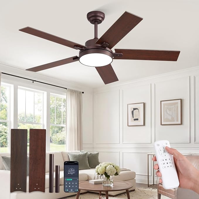 ZMISHIBO 52" Ceiling Fans with Lights, Smart Remote/APP Control, Farmhouse Ceiling Fan with 6 Speeds & 3CCT, Dimmable 30W LED, Quiet DC Motor, Noiseless for Living Room, Bedroom, Kitchen, Oil Bronze