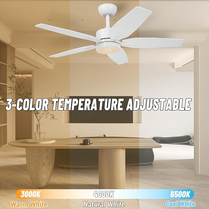42" Ceiling Fan for Living Room - 5 Blades Modern Ceiling Fan with Light for Bedroom - Quiet DC Motor - 3CCT - 6 Speeds - Dimmable - Reversible Function - White