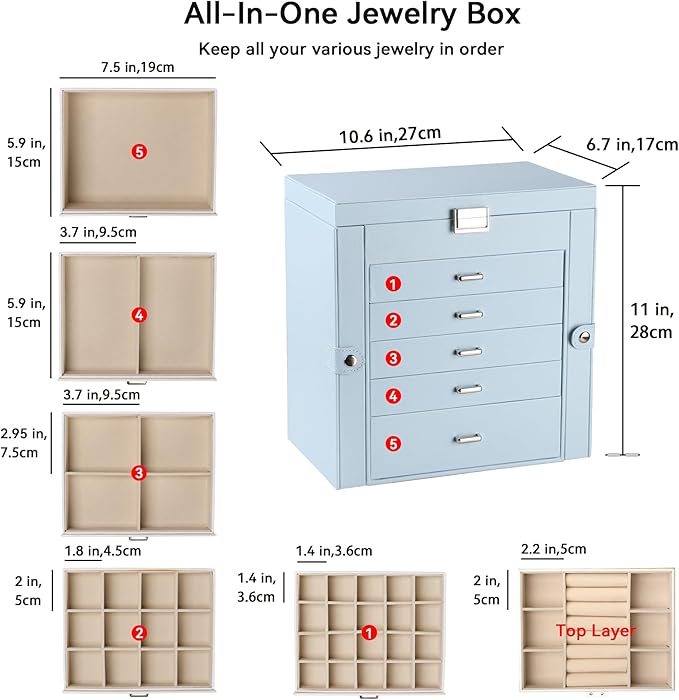 Frebeauty 6-Layer Jewelry Box for Women,Large Jewelry Organizer with Drawer | Faux Leather,Built-in Mirror,Spacious Jewelry Storage,16 Necklace Hooks,Organizing by Category for Rings Earrings Bracelet