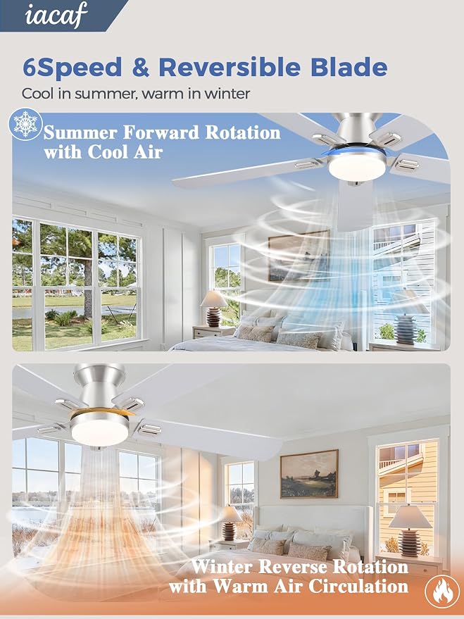 Ceiling Fans with Lights, 52'' Low Profile Ceiling Fan with Light and Remote/APP Control, Dimmable, Qiuet DC Motor, Flush Mount Ceiling Fan for Indoor Bedroom Living Room, Nickel