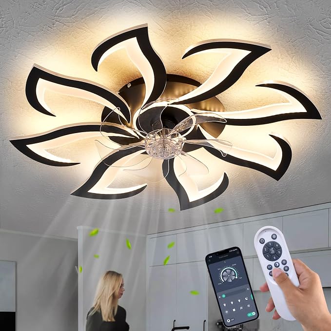 Dalouguan Modern Ceiling Fan with Lights Remote Control, 32" Black 6 Speeds 3 Light Color Low Profile Flush Mount Ceiling Fan for Kitchen Bedroom