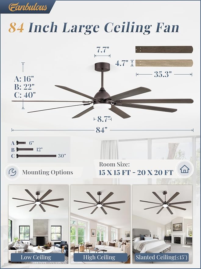 Fanbulous 84 Inch Ceiling Fans with Lights, Oil Bronze Modern Ceiling Fan with Remote,Large Farmhouse Indoor & Outdoor Ceiling Fan with 8 Dual Finish Blades, Quiet DC Motor, Bright LED Light