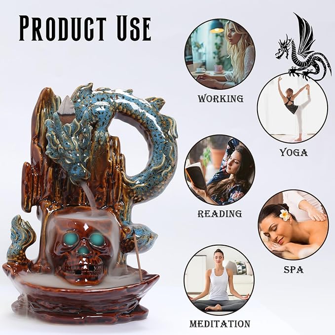Skull Dragon Incense Burner Holder - LED Backflow Waterfall Cone Incense Holder, Ceramic Unique Skeleton Burner with Cones & Sticks for Halloween/Aromatherapy/Yoga/Home/Room/Office Deco