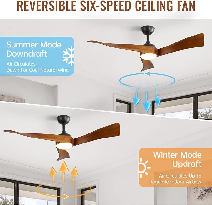 Sofucor 52 Inch Ceiling Fans with Lights, Solid Wood Indoor/Outdoor Ceiling Fan with Remote, Reversible DC Motor, 3 Blade Modern Ceiling Fan Light, Low Profile Ceiling Fans for Bedroom Patio Kitchen