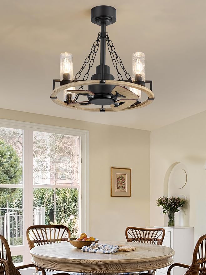 Wagon Wheel Rustic Chandelier Ceiling Fan with Light, 20 inch Farmhouse Caged Ceiling Fans, Quiet Reversible Motor, Dual Finish Blades, Wood Bladeless Fan Lights Ceiling Fixtures for Bedroom Kitchen