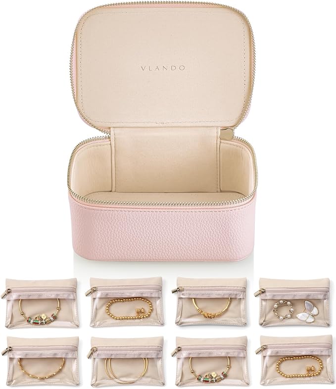 VLANDO Jewelry Travel Case,Gifts for Women,Travel Jewelry Organizer with Clear Velvet Jewelry Bags 8Pcs Zipper Pouch for Women Girl Gift-Pink