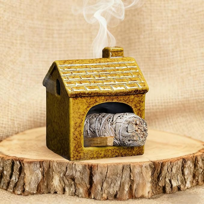 Ceramic Mini Chiminea Palo Santo Burner | Sage & Incense Cone Holder | Stable Smudge Bowl for Zen Altar, Meditation, Yoga | Home Decor & Gift (Yellow)