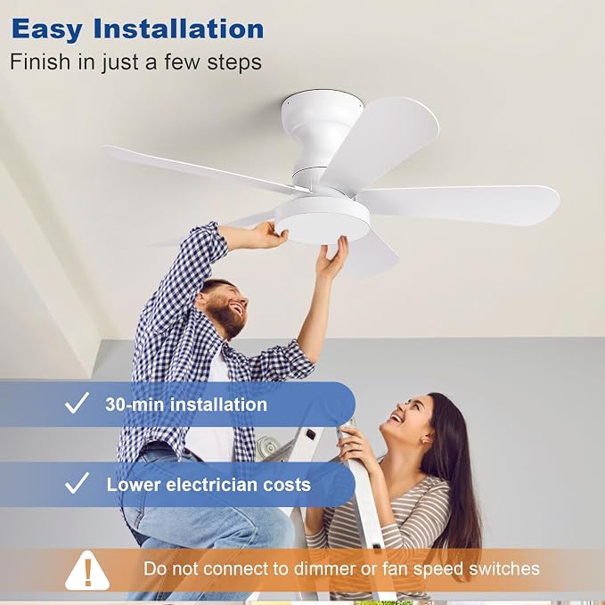 Depuley Small Ceiling Fan with Lights: 35-Inch Flush Mount Fan with Light and Remote - White Low Profile Ceiling Fans Reversible Quiet DC Motor for Bedroom Living Room Indoor Outdoor